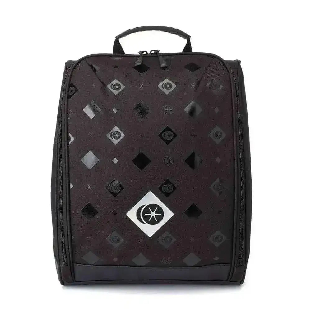 Black charles owen riding hat bag with silver white diamond pattern and central logo patch convertible style