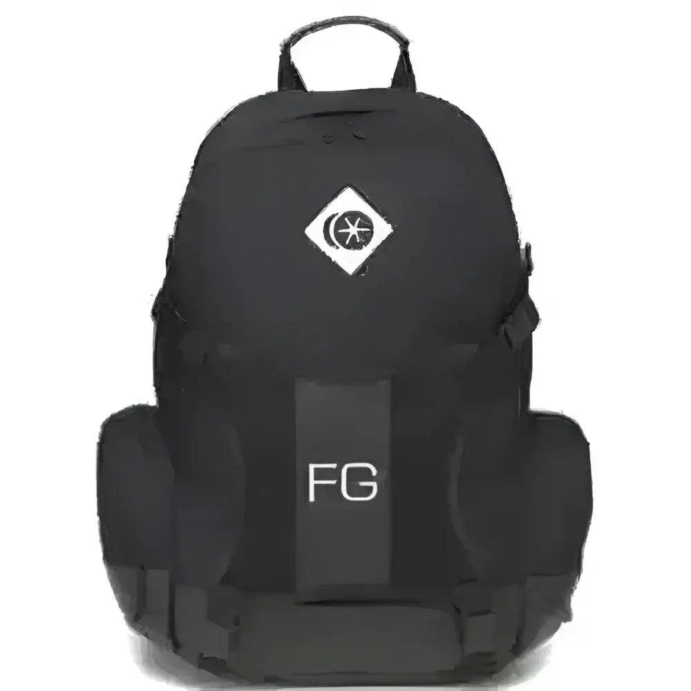 Black charles owen riding hat bag backpack with white fg logo and vertical strip for elasticated mesh helmet use