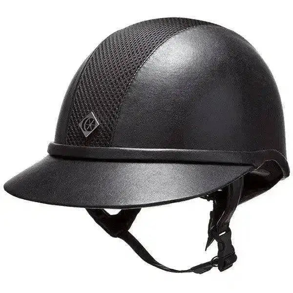 Black charles owen sp8 leather look riding hat with glossy finish and mesh ventilation panels on the side