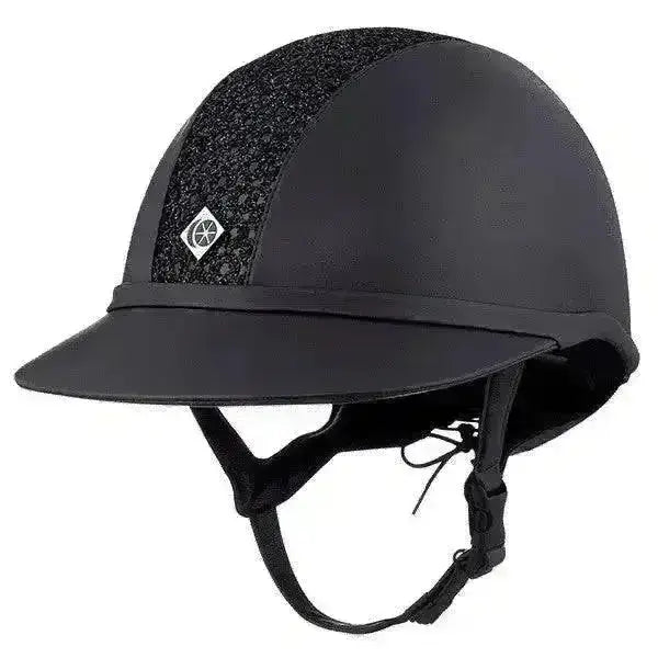 Black charles owen sp8 sparkly riding helmet with glittery textured side panel and diamond shaped logo