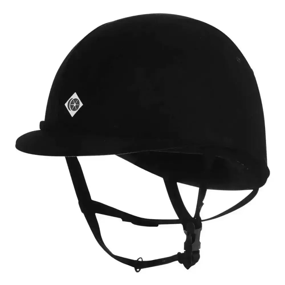 Black charles owen yr8 riding hat with matte finish and white diamond logo designed for equestrian use