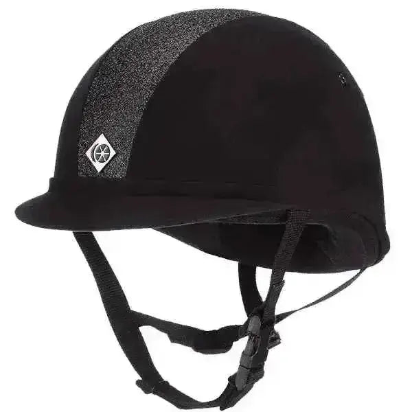 Black charles owen yr8 sparkly riding hat with textured gray panel and silver diamond logo on the side