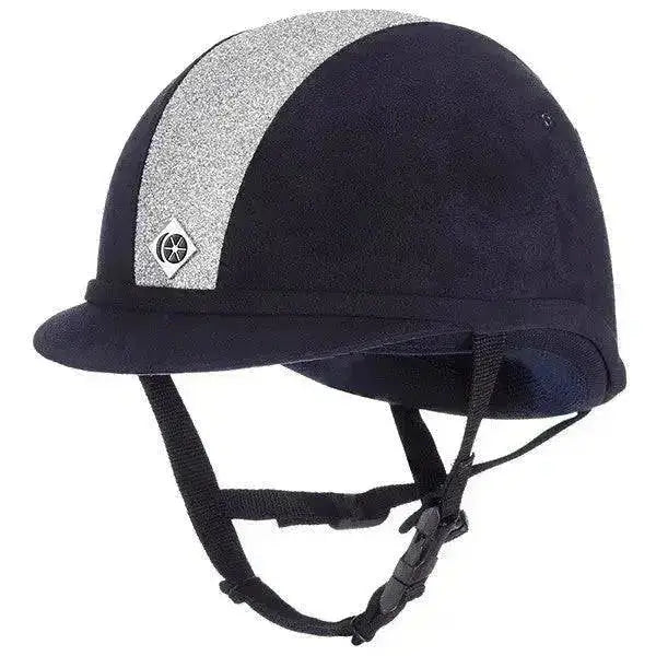 Black charles owen yr8 sparkly riding hat with silver glitter stripe and diamond shaped logo for equestrian use