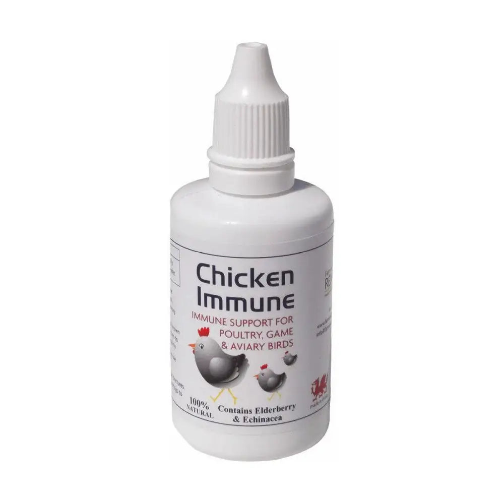 White plastic bottle with dropper cap labeled chicken immune for immune supporting herbs in caged birds and animal husbandry