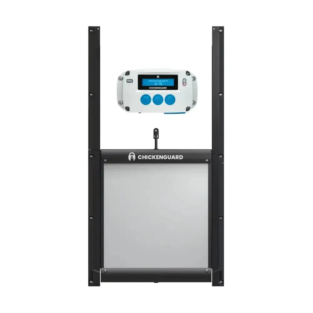 Black chickenguard pro coop door opener with white digital control panel and blue buttons locking door kit