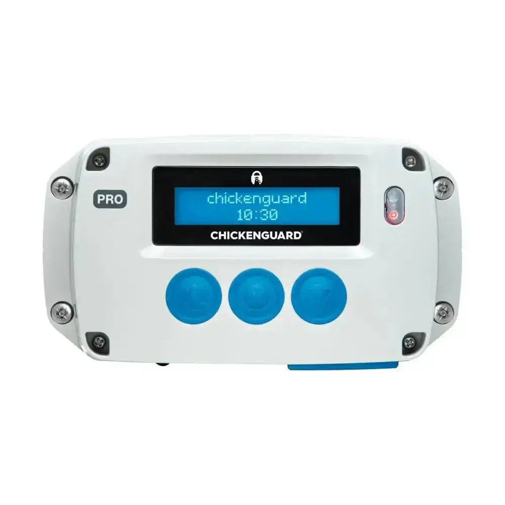 White chickenguard pro coop door opener with blue digital display and three bright blue buttons extra powerful motor