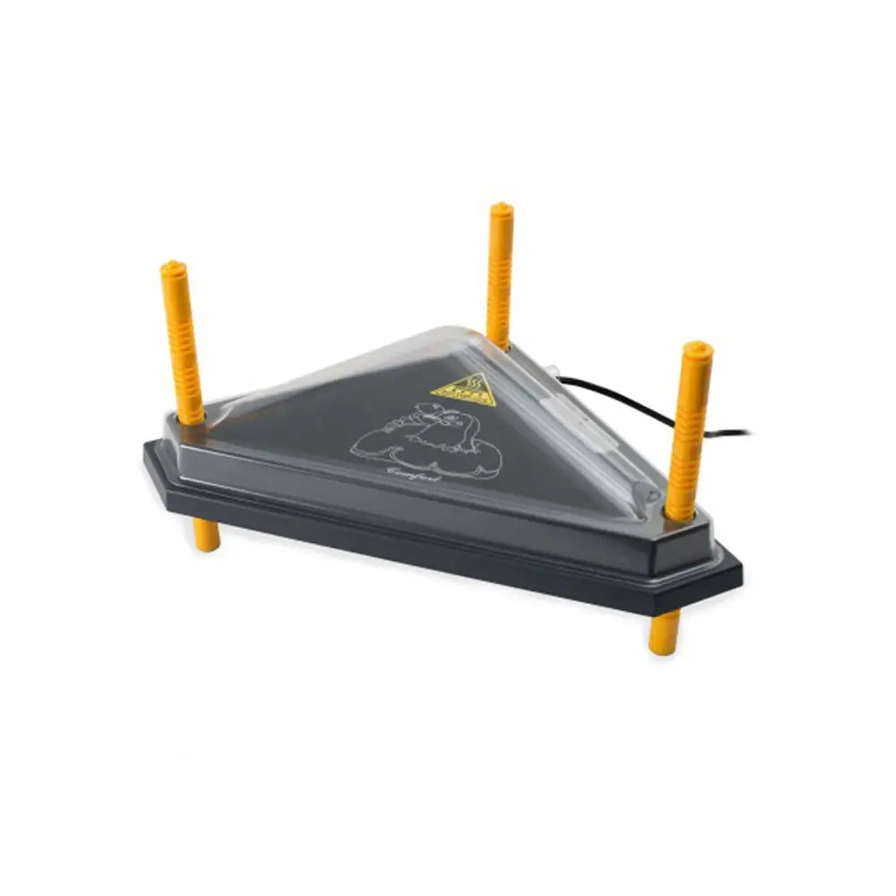 Black triangular electric chicktec comfort dome with yellow handles and transparent lid for triangle corner brooder use