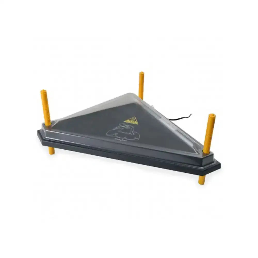 Black triangular heating pad with yellow legs and warning symbol for chicktec comfort dome triangle corner brooder cover