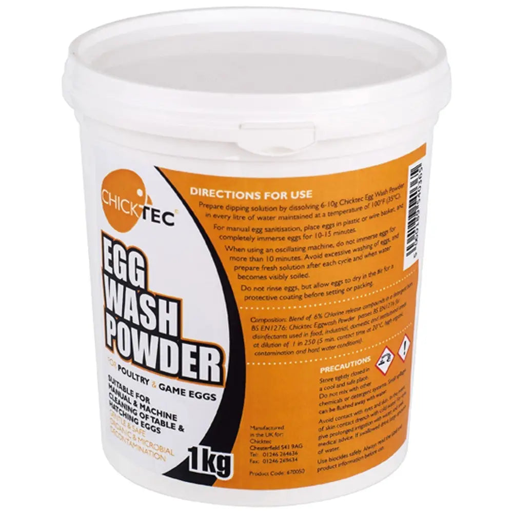 White plastic tub of chicktec egg wash powder 1kg with orange black label for low foaming egg wash in rotary egg washers