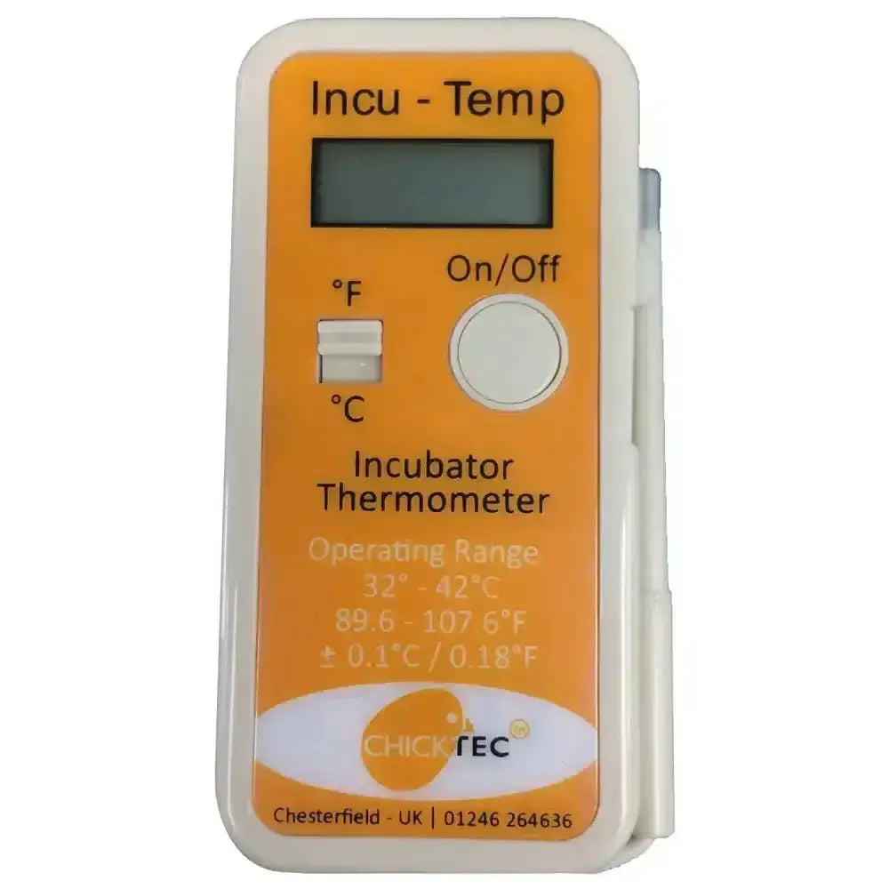 Orange and white chicktec incu-temp standard digital incubation thermometer with display temperature switch and power button