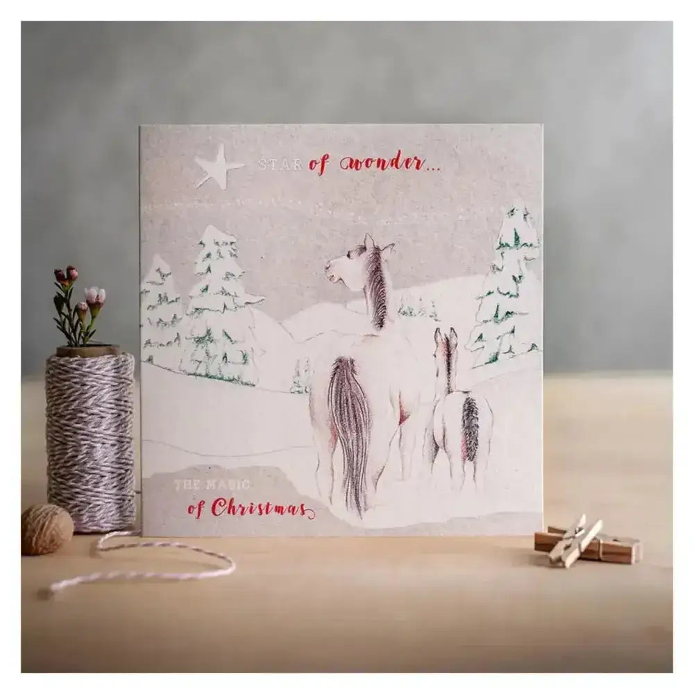 A cream-colored christmas card advent calendar on textured kraft fleck board with horses and star of wonder text