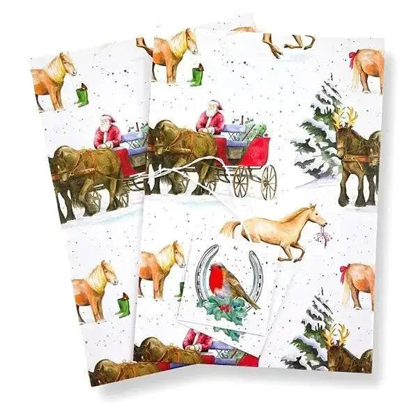 Christmas wrap horse and carriage paper napkins with santa sleigh and horses printed with vegetable based inks on white