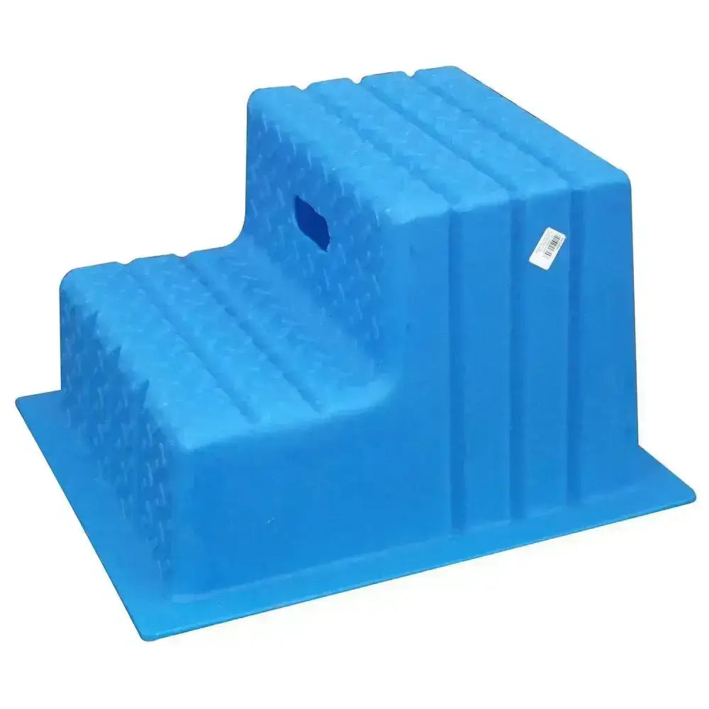 Bright blue plastic classic showjumps two-step mounting blocks with ribbed texture and cutout handle for easy grip