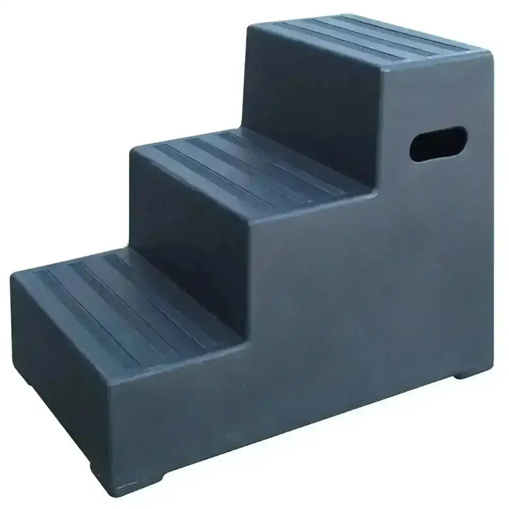 Dark gray plastic two-step stool with abrasive anti-slip strips and side handle from classic showjumps premium for large livery yards
