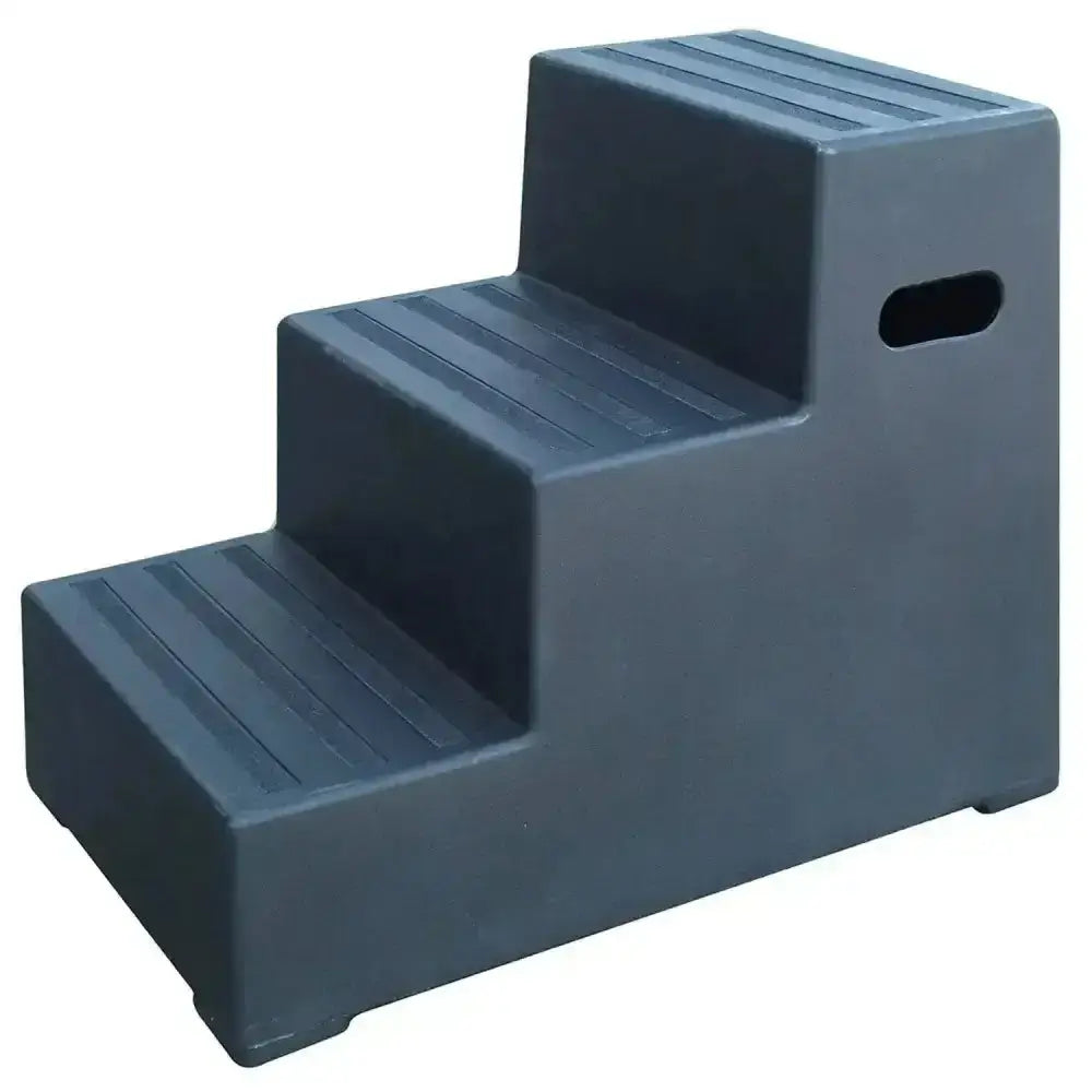 Dark gray plastic two-step stool with abrasive anti-slip strips and handle cutout from classic showjumps premium for large livery yards
