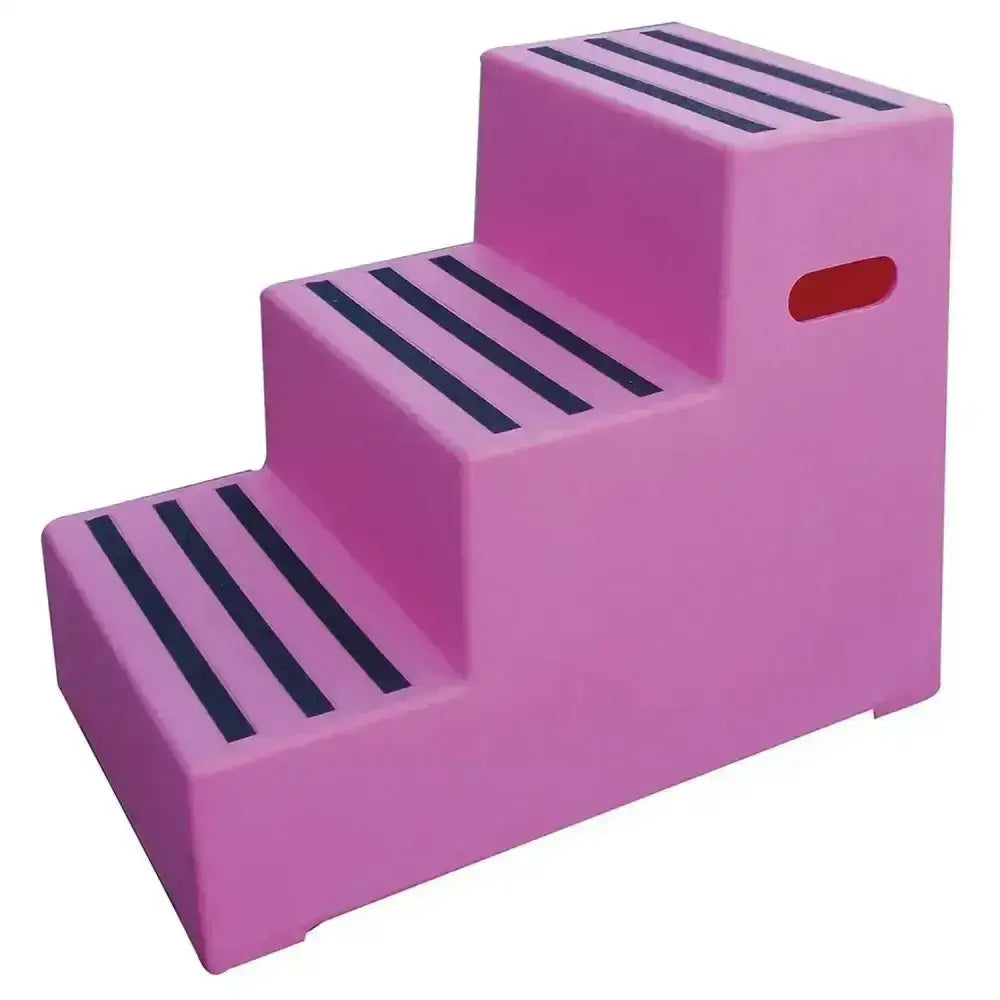 Pink plastic classic showjumps premium 3 step mounting block with abrasive anti-slip strips and red handle for large livery yards