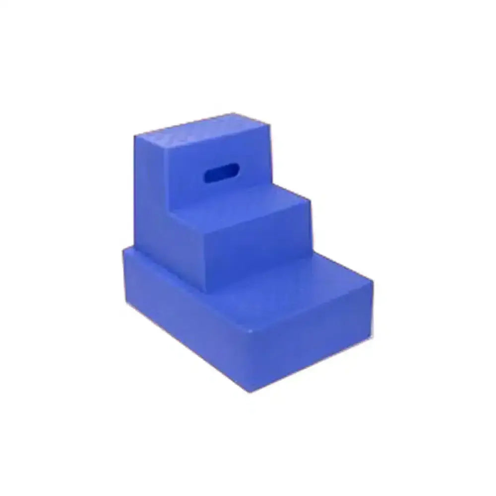 Blue plastic classic showjumps standard mounting block three tread step stool with handle cutout on top step