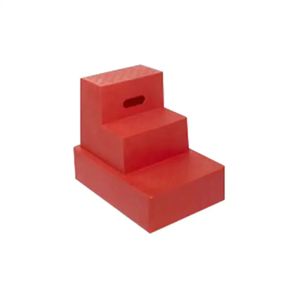 Red plastic classic showjumps standard mounting block three tread step stool with three steps and handle cutout