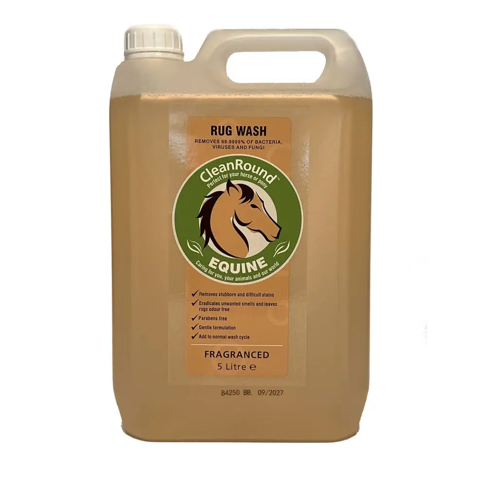 A 5 litre clear plastic jug of cleanround fragranced rug wash amber liquid with green horse logo for equestrian use