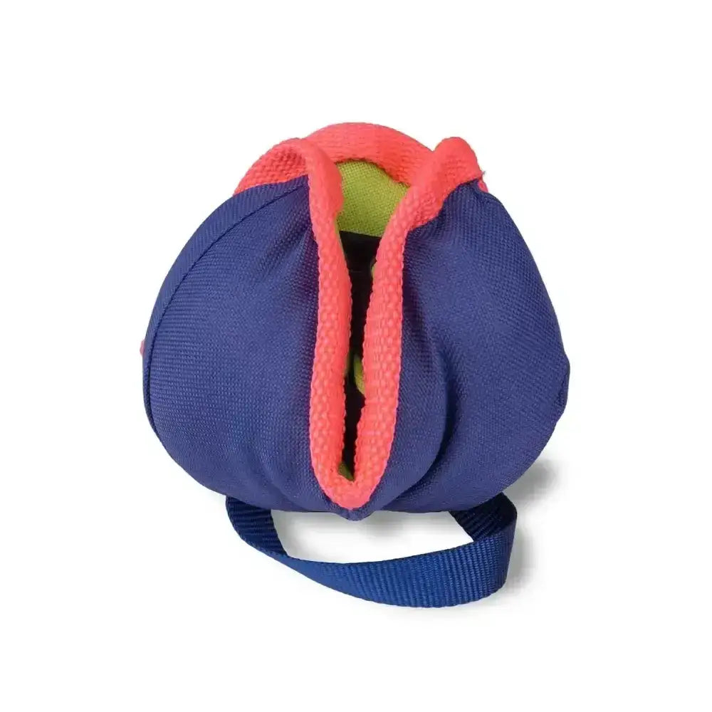 Blue and coral coachi chase & treat plush dog toy with green interior and fabric strap for easy handling