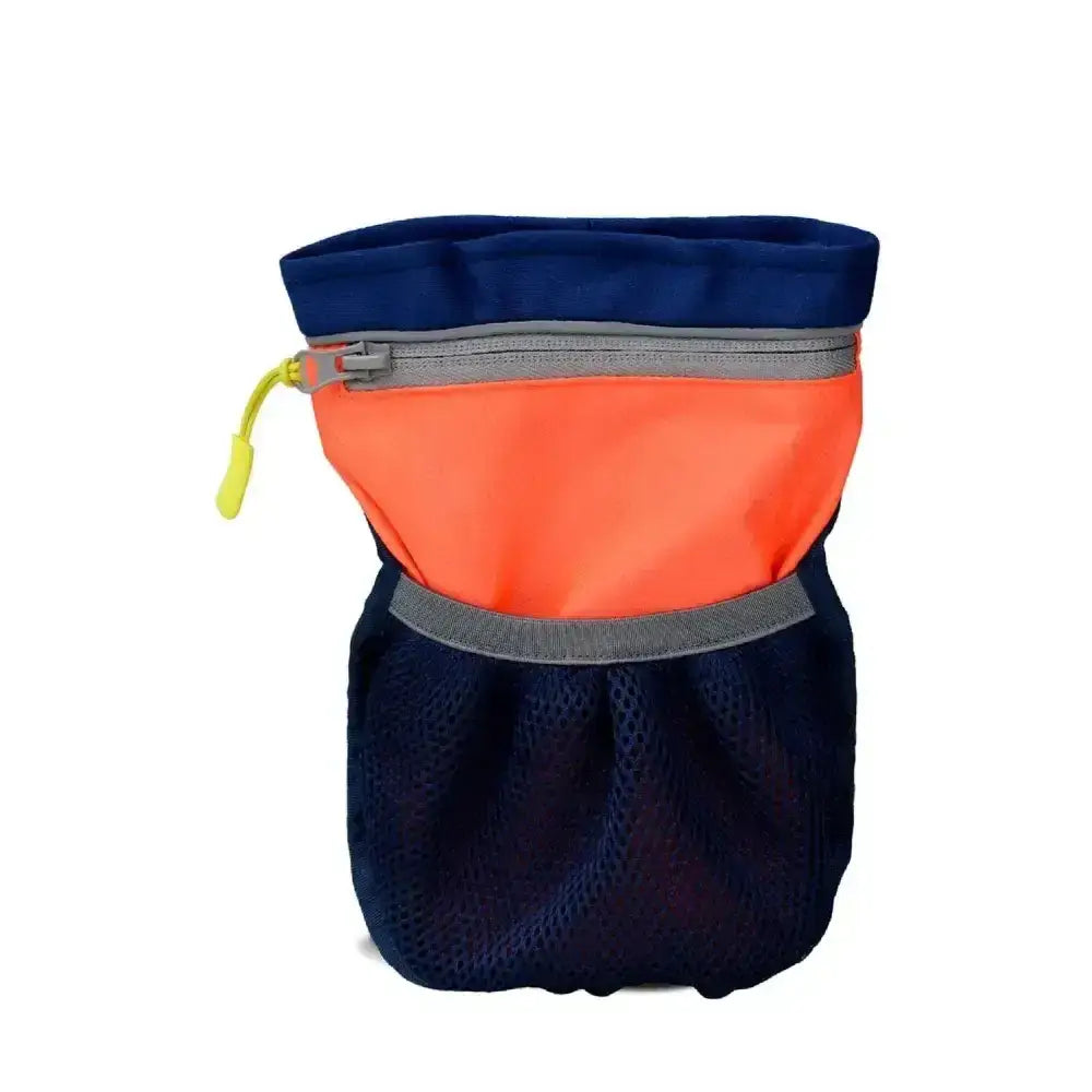 A navy blue and bright orange coachi pro train treat bag with mesh fabric and gray zipper pull for professional walkers