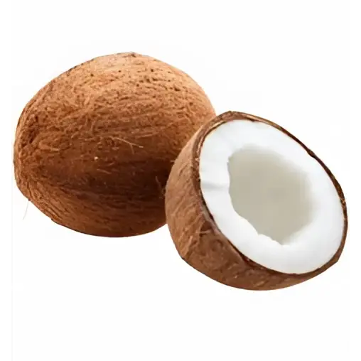Whole and halved brown coconut with fibrous husk and white flesh inside perfect for equestrian snack or credit card holder gift