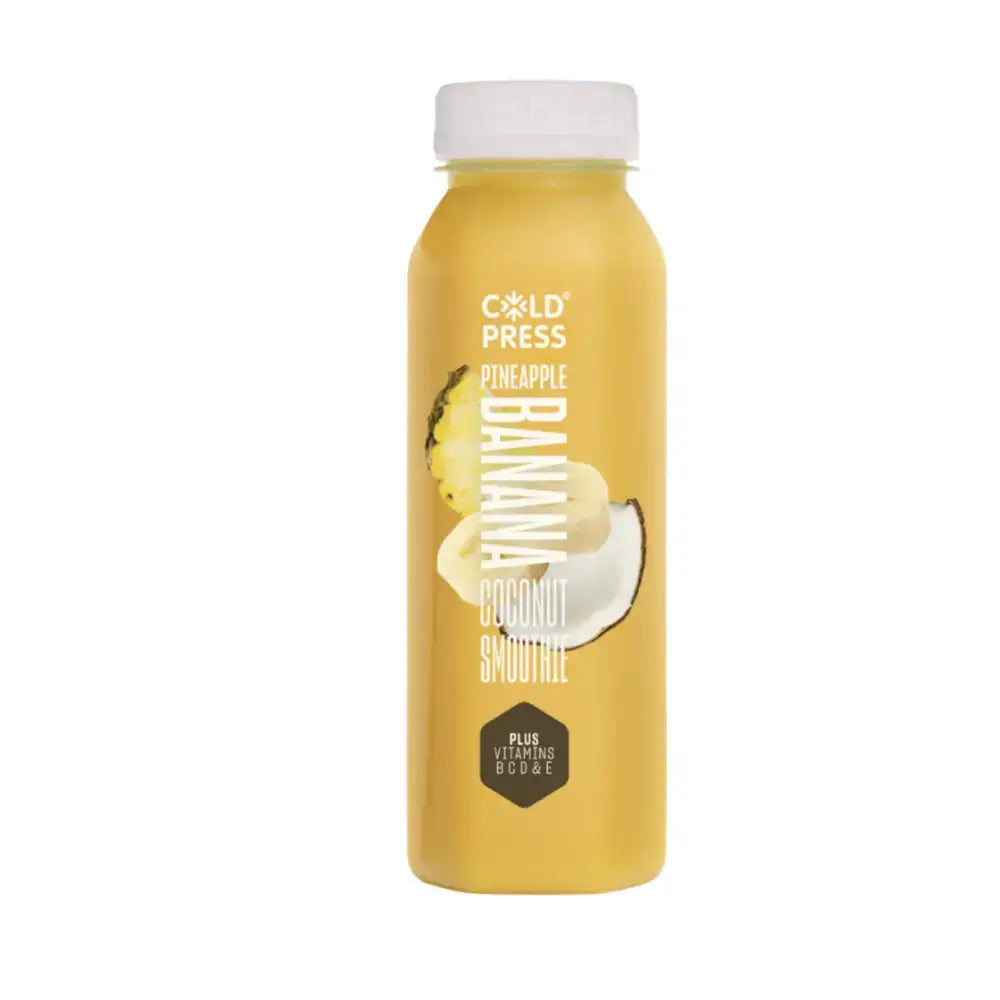 Yellow plastic bottle of cold press pineapple banana coconut smoothie with white cap and fruit label for jimmys iced coffee
