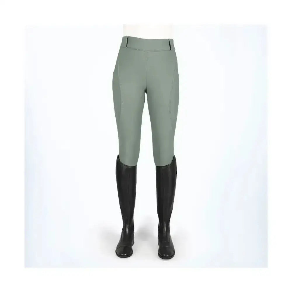 A pair of sage green coldstream balmore thermal riding tights with high waist and brushed fleece for warmth