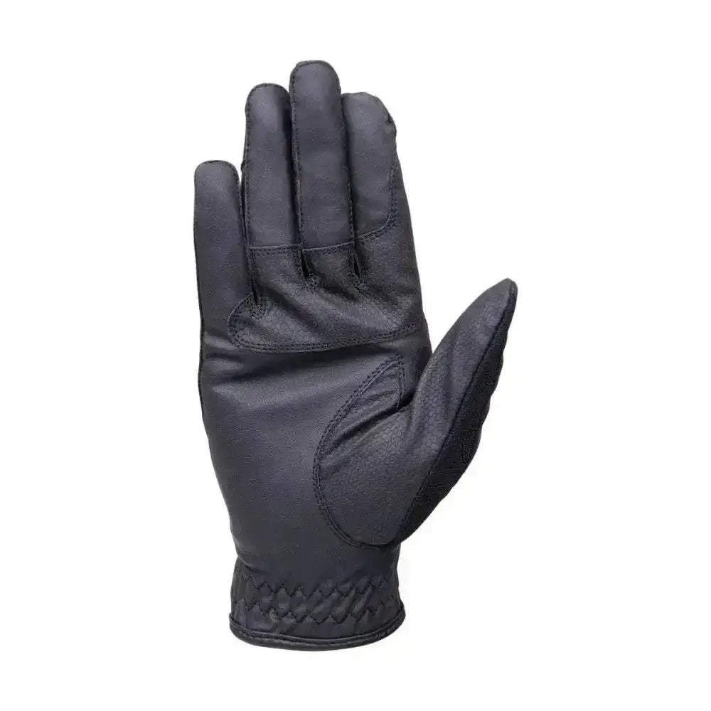 Black leather coldstream blakelaw diamante riding gloves with reinforced stitching and braided cuff shown from back