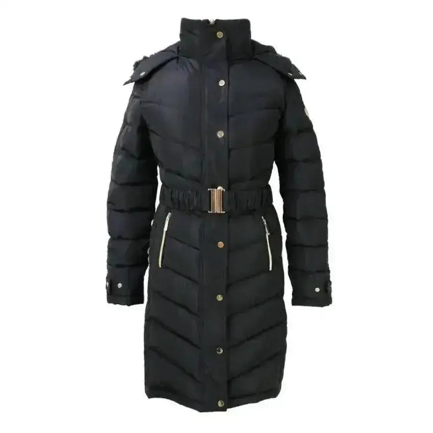 Black coldstream branxton long puffer coat with high collar silver buttons zipper accents and matching belt