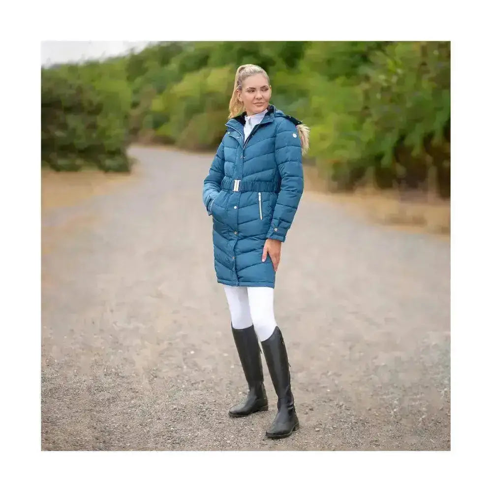 Coldstream Branxton Long quilted coat in cool slate blue with fur-lined hood and silver zipper accents
