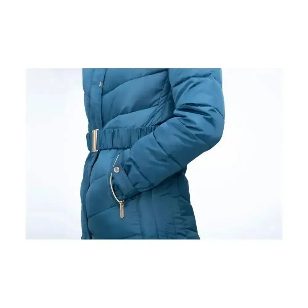 Teal coldstream branxton long quilted coat with metallic belt and zipper pull in cool slate blue