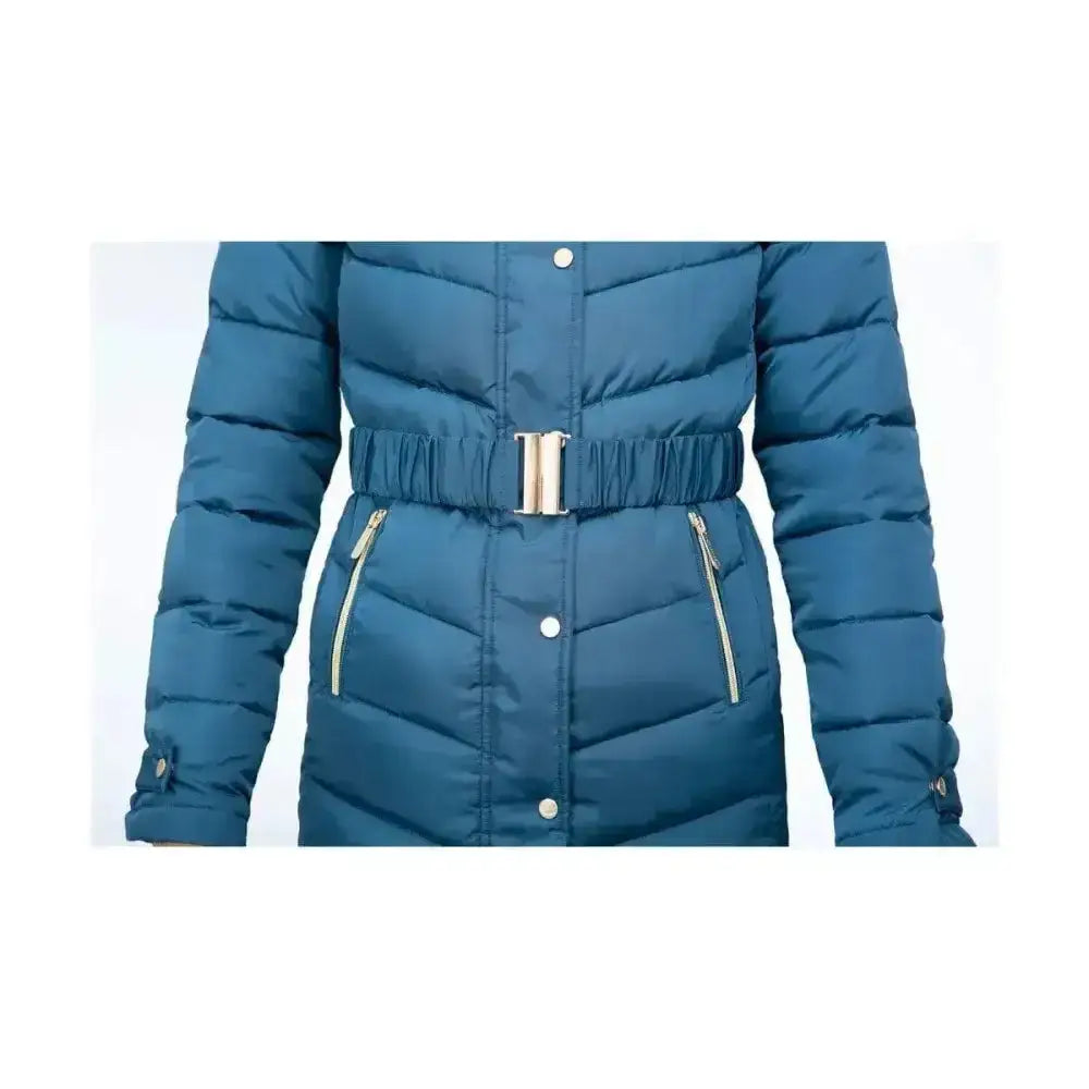 Teal coldstream branxton long quilted coat with metallic belt buckle and zipper accents in cool slate blue