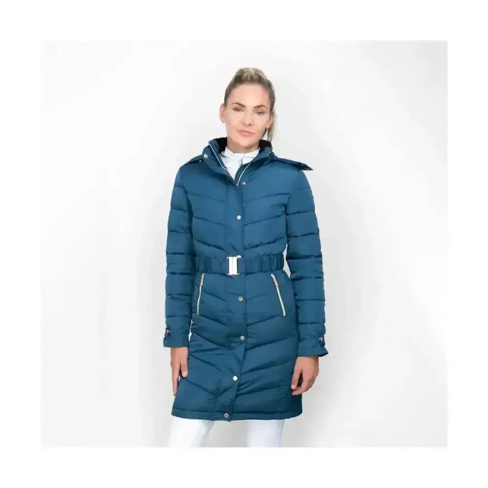 Teal coldstream branxton long quilted coat with belted waist and silver zipper accents for winter wear