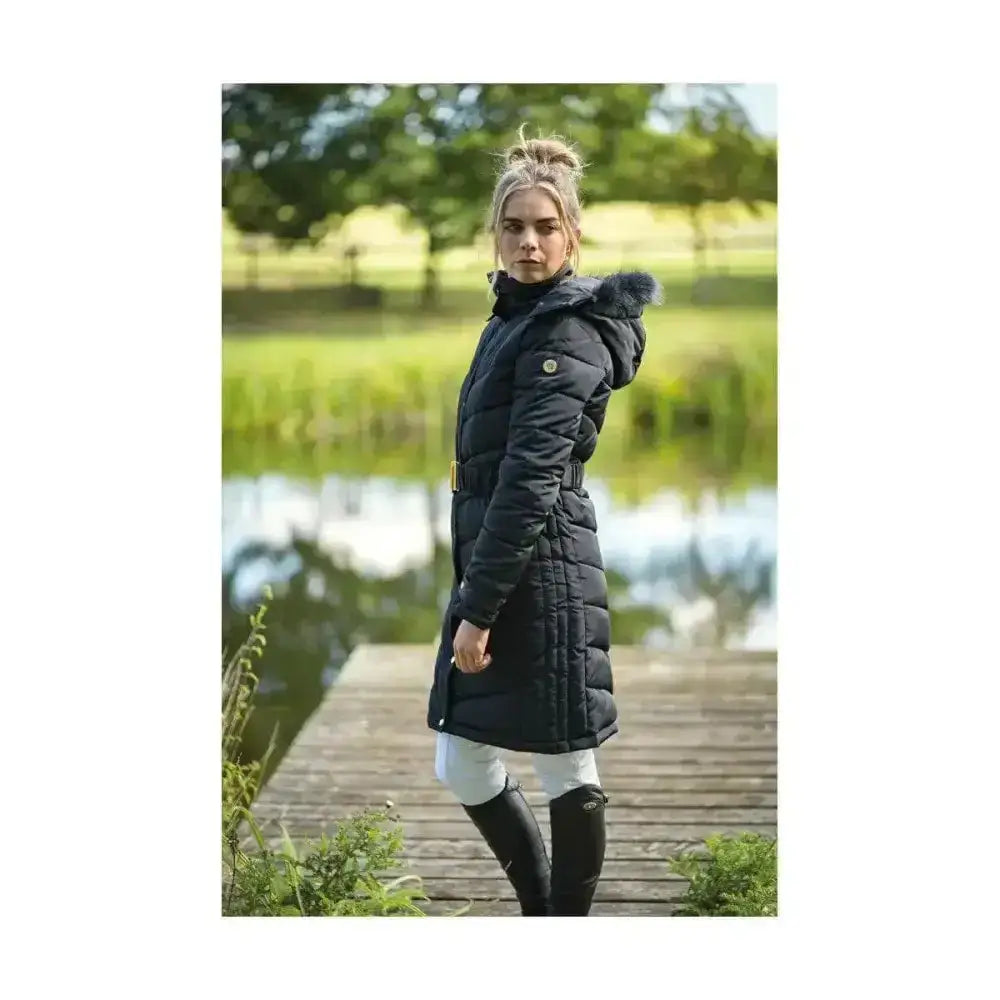 Black branxton long quilted puffer coat with fur-lined hood and gold-tone belt buckle from coldstream branxton long