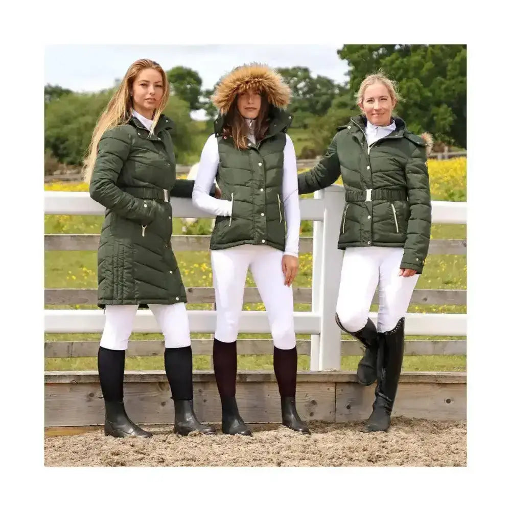 Olive green coldstream branxton long quilted coat fern green with fur-lined hood and white belt for chilly rides