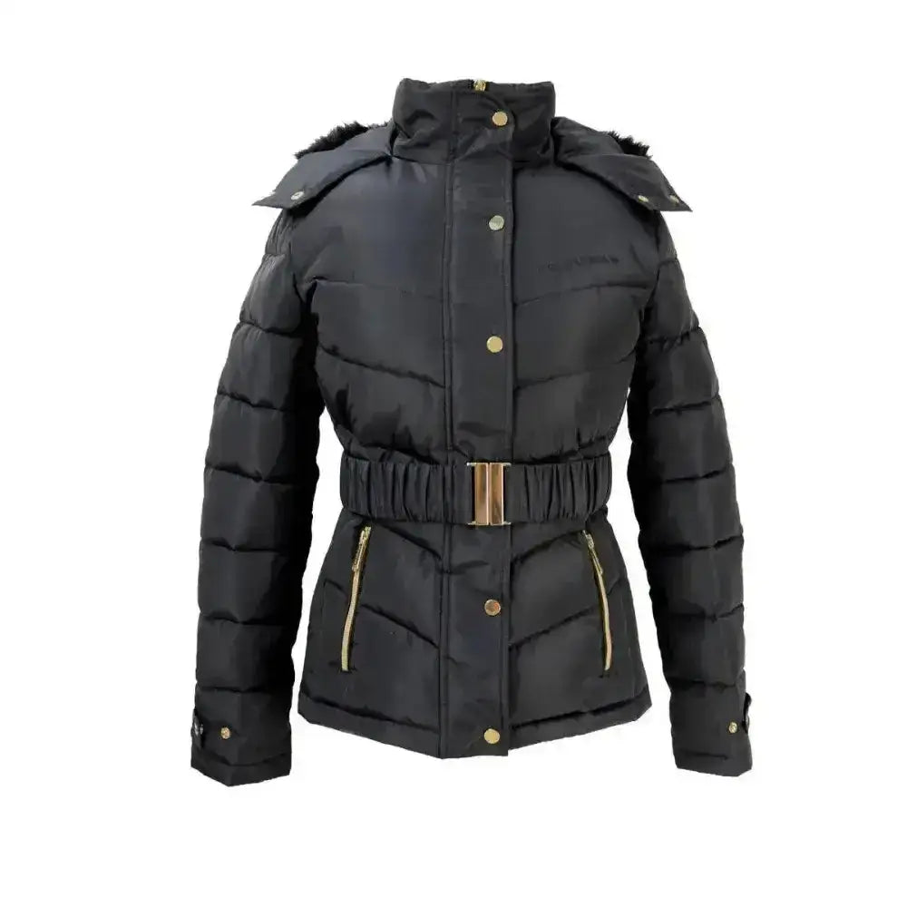 Black coldstream cornhill quilted coat with faux fur hood gold buttons zipper accents and matching belt buckle