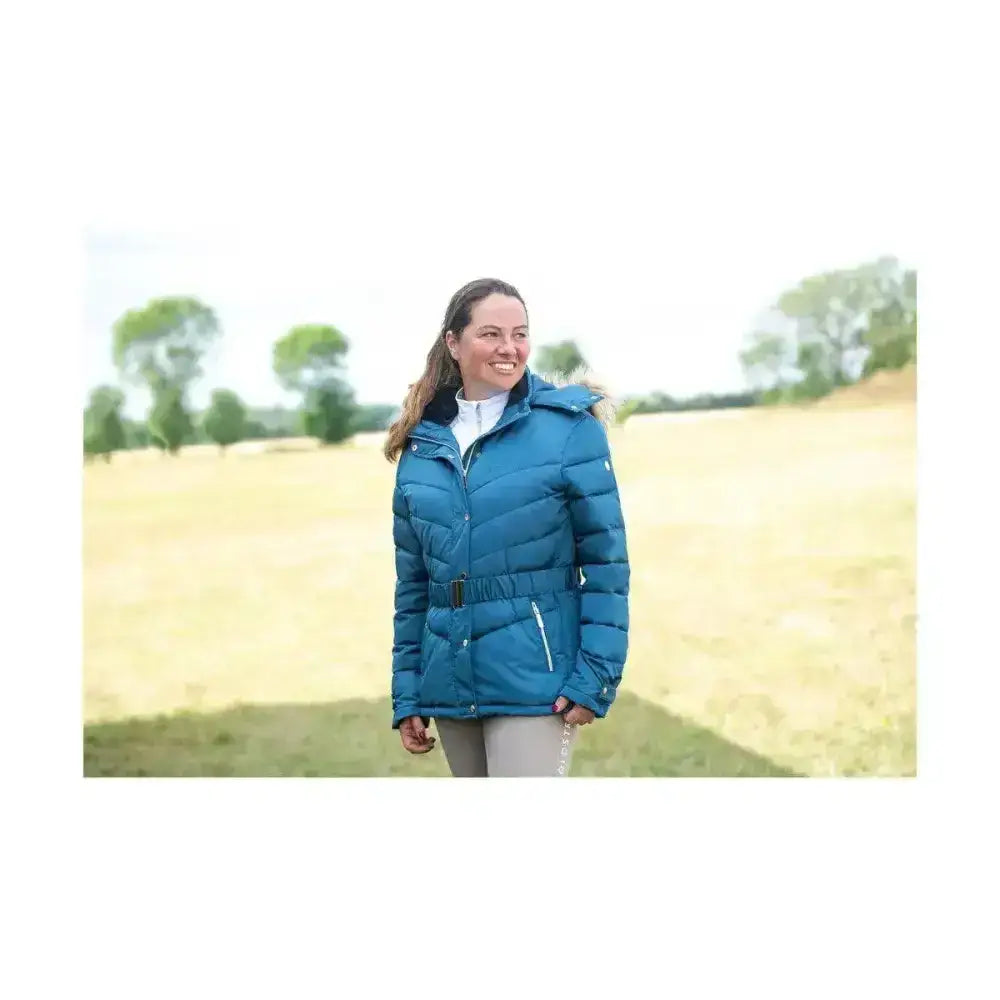 Coldstream cornhill quilted puffer coat in cool slate blue with fur-lined hood and black belt for winter warmth