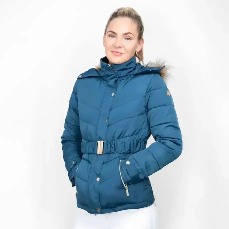 Coldstream cornhill quilted coat in cool slate blue with fur-lined hood and gold-tone belt buckle for winter wear