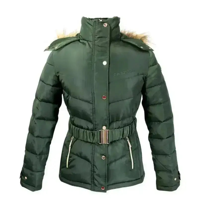 Dark green coldstream cornhill quilted coat with fur-lined hood and matching belt with silver buckle perfect for winter