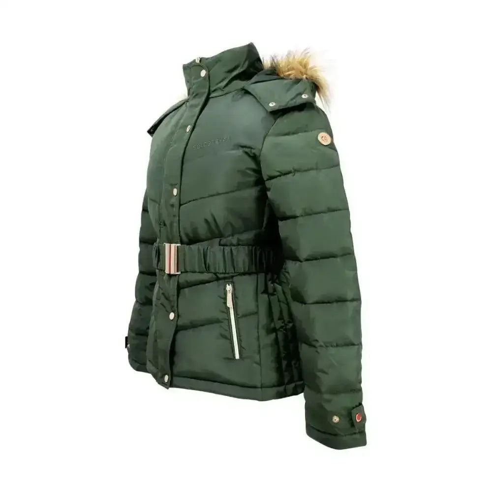 Dark green coldstream cornhill quilted coat with fur-lined hood and matching belt perfect for winter warmth
