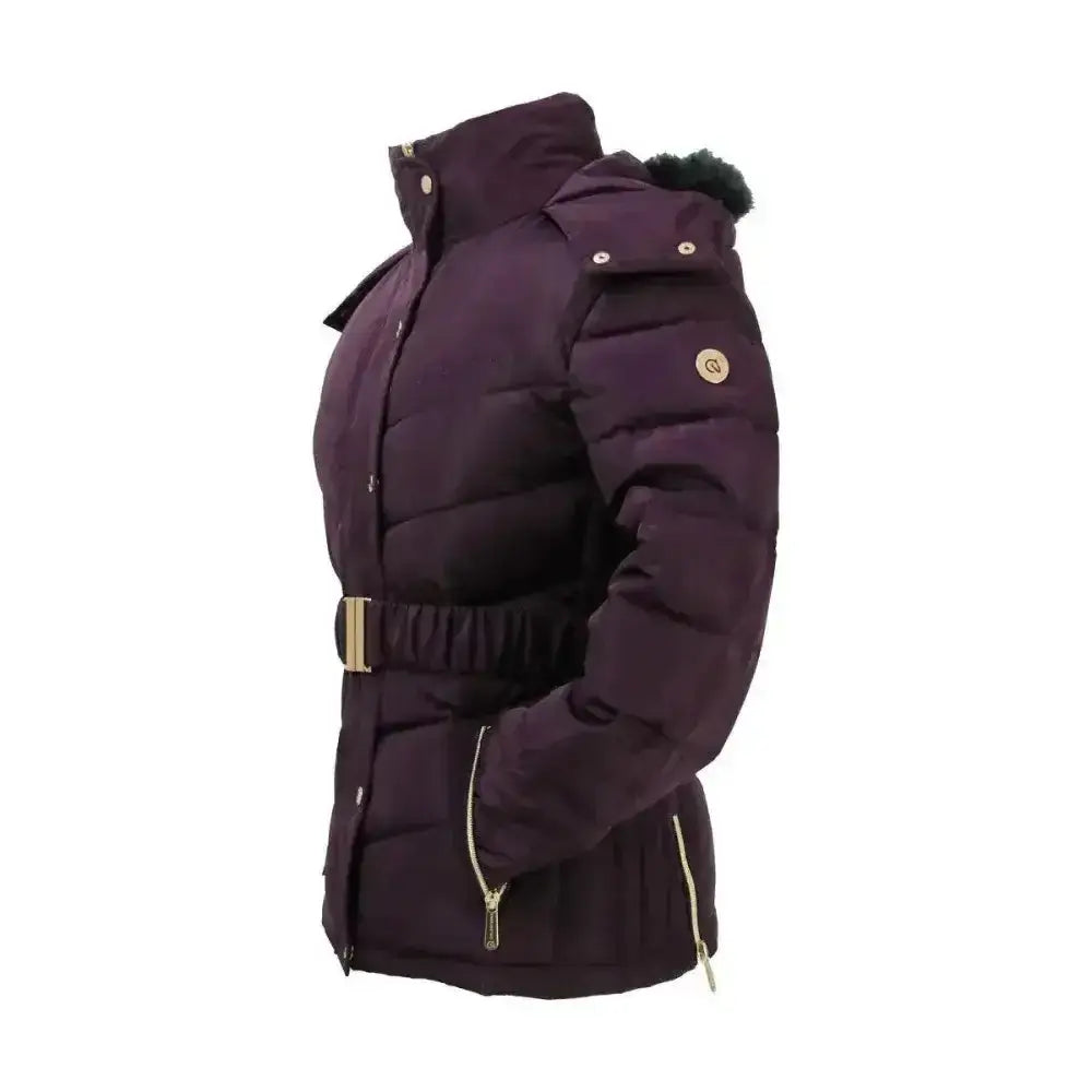 Purple coldstream cornhill quilted coat with fur-lined hood gold-tone belt buckle and zipper pulls in quilted coat mulberry style