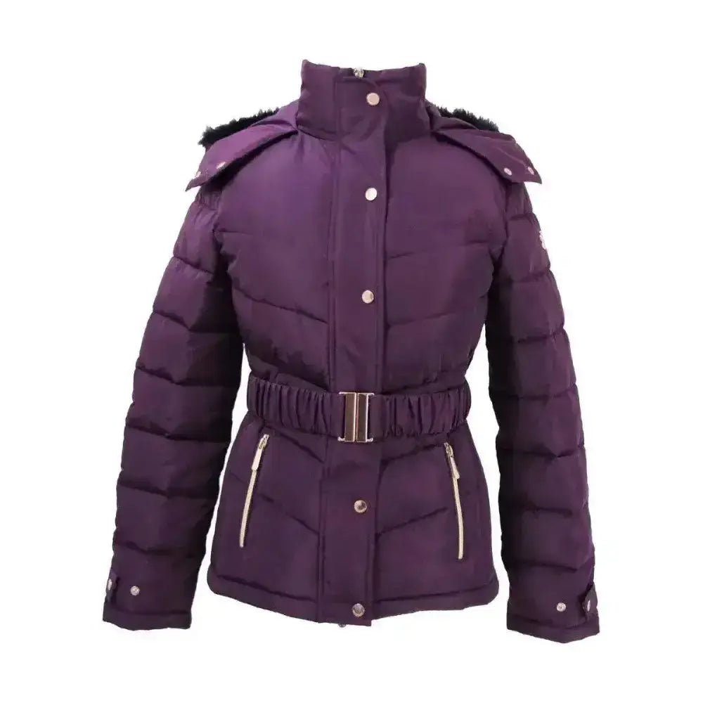 Purple coldstream cornhill quilted coat with fur-lined hood silver buttons zipper pulls and matching belt