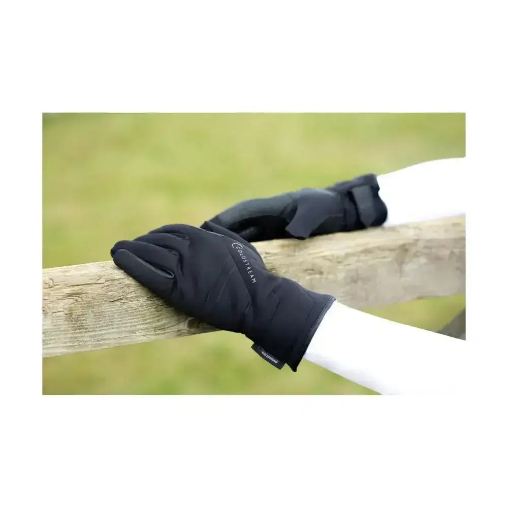 Black insulated coldstream duns stormguard gloves with water repellent softshell and subtle logo on back of hand