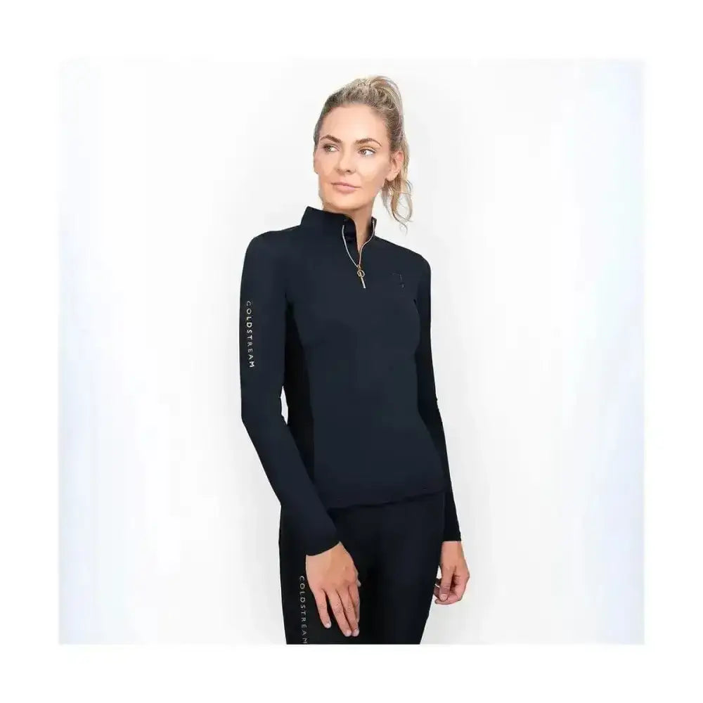 Black long-sleeved high-neck coldstream ednam base layer with subtle white coldstraw branding and eco-friendly textile