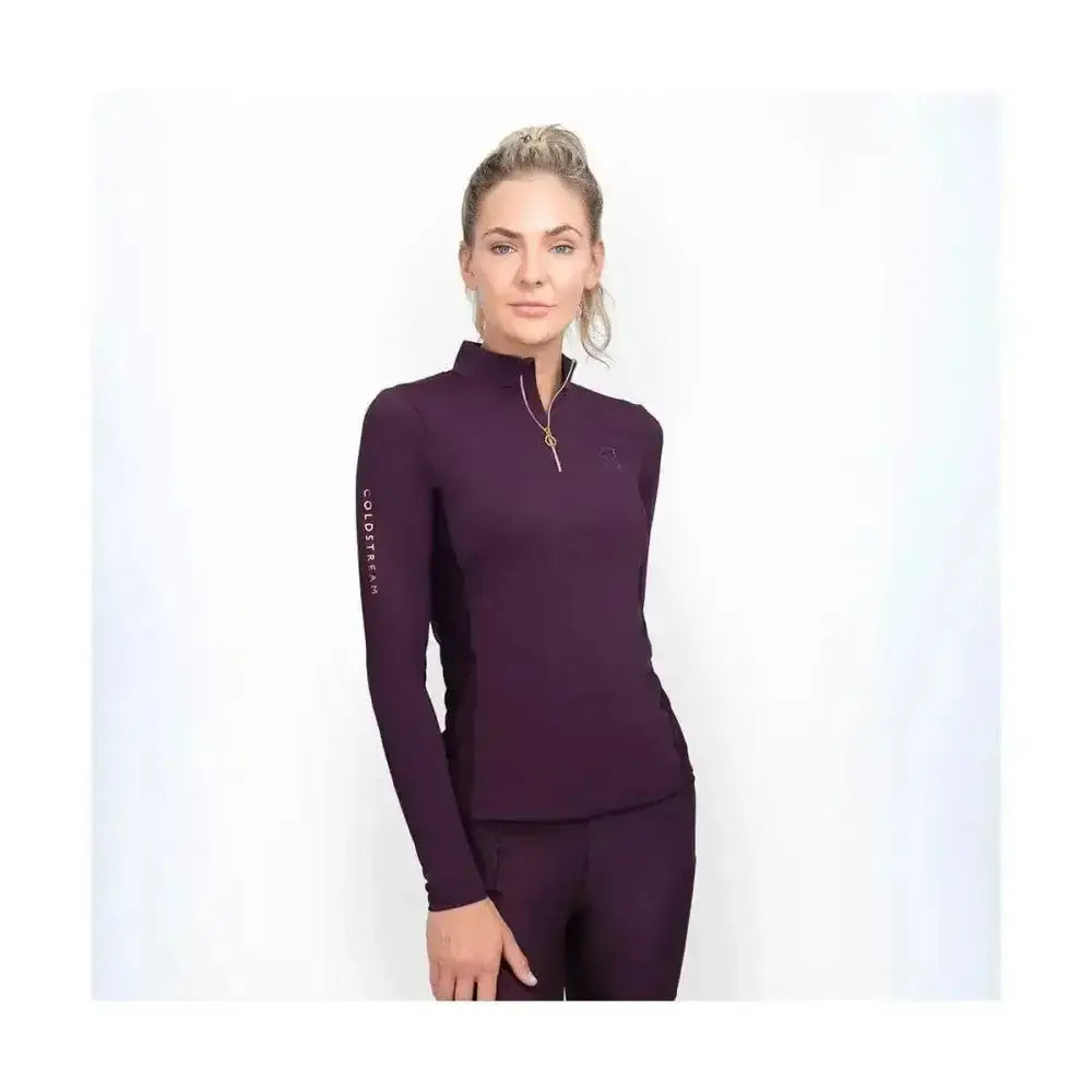 Deep purple coldstream ednam base layer long-sleeve with high collar and clostera logo on sleeve made from eco-friendly innovative textile