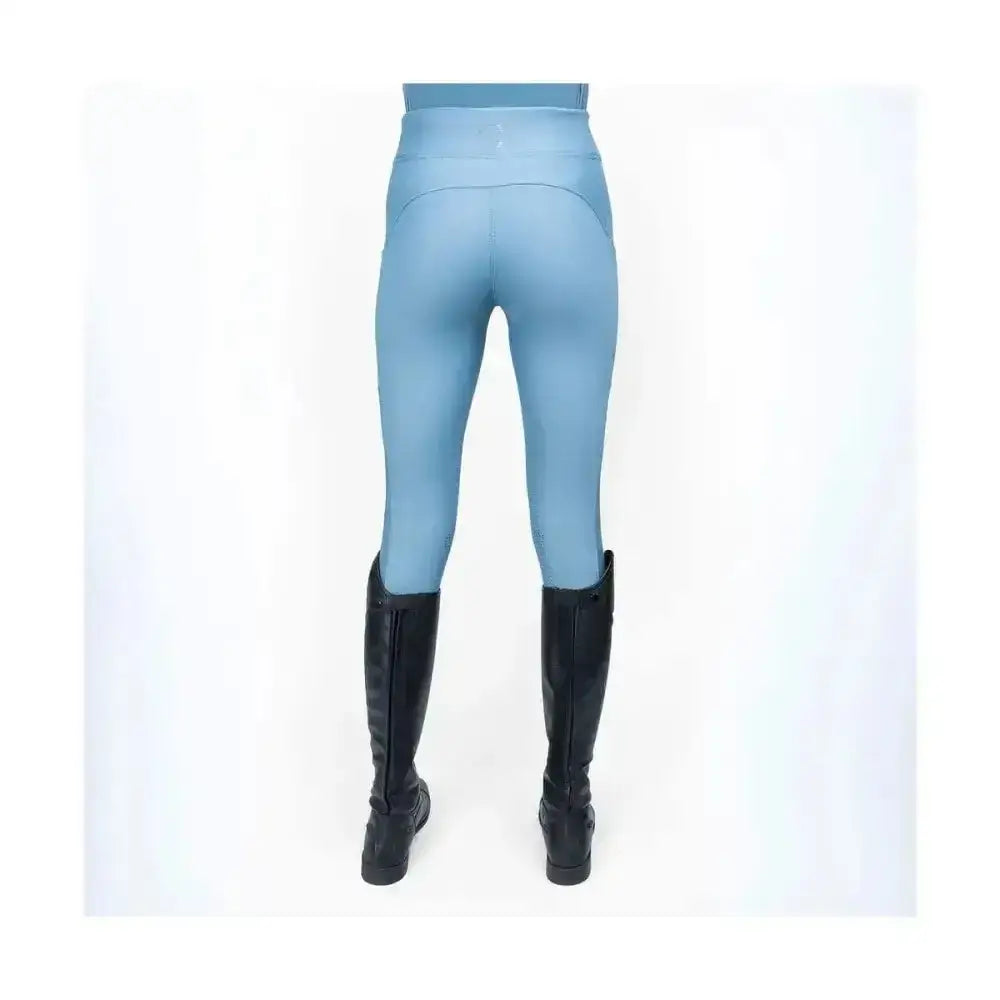 Light blue coldstream ednam riding tights with high waist and subtle seam detailing featuring technical capillary action