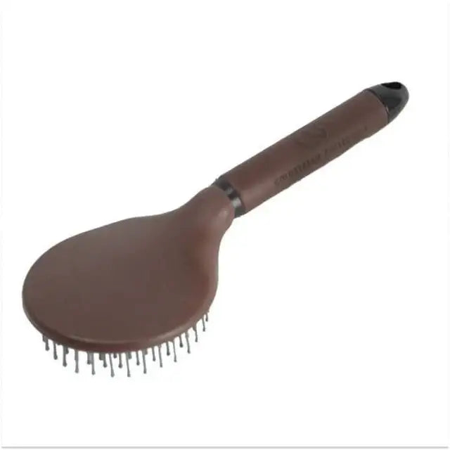 Brown horse brush with sleek ergonomic faux leather mane handle and dense fine metal bristles for leather grip mane care