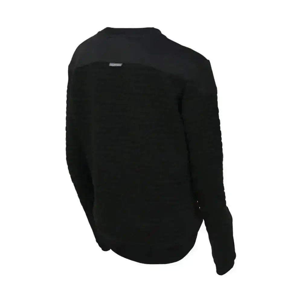 Black coldstream foulden sweater with technical raised hexagonal pattern and small brand tag at the shoulder