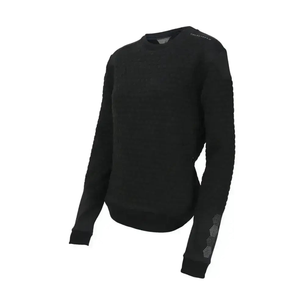 Black coldstream foulden sweater with technical raised hexagonal knit and subtle white perforated sleeve detailing